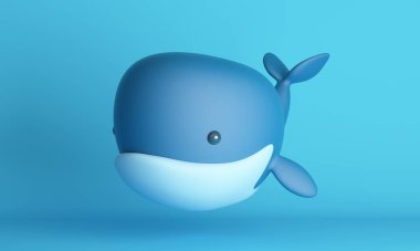 Mavi arka planda gölgesi olan sevimli küçük uçan balina. 3d oluşturma