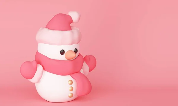 スカーフ 手袋のかわいい雪だるまコピースペースでピンクの背景に 3Dレンダリング — ストック写真