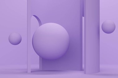 Yüksek kemerli ve uçan küreli leylak soyut arka plan. Ürün tanıtımı için fon tasarımı. 3d oluşturma