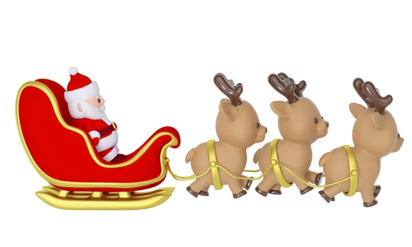 圣诞老人身穿红色和金色雪橇 鹿群被白色背景隔离 3D渲染 — 图库照片