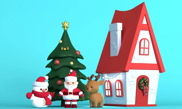 Mały Domek Choinką Mikołajem Bałwanem Niebieskim Tle Renderowanie — Zdjęcie stockowe