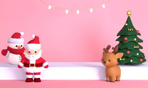 ピンクの背景にクリスマスツリー サンタクロース 雪だるまと鹿とモックアップシーン 3Dレンダリング — ストック写真