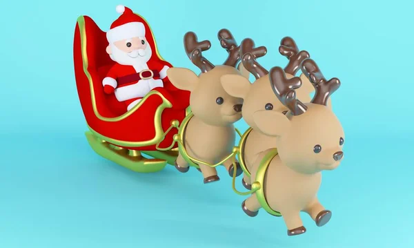 Santa Claus Red Gold Sleigh Deer Blue Background Rendering — Stock Photo, Image
