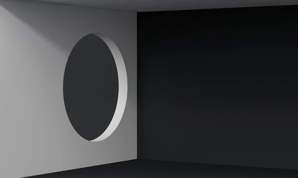 Czarny Pokój Okrągłym Białym Oknem Projektowanie Tła Dla Promocji Produktu — Zdjęcie stockowe