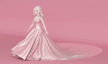 Fotokopi odası olan pembe arka planda gece elbisesi giymiş oyuncak bebek kadın. 3d oluşturma