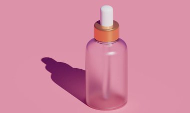 Mockup glass bottle with a dropper on a pink background. Beauty and fashion concept. 3d rendering