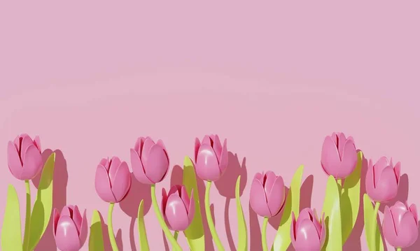 Greeting Card Tulip Green Leaf Pink Background Copy Space Rendering — Stock Photo, Image