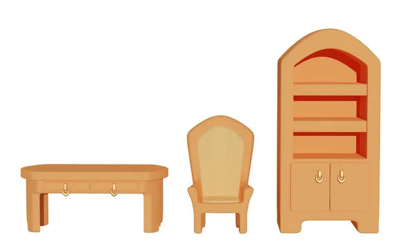 一套古董家具桌子 椅子和衣柜 架子与白色背景隔离 3D渲染 — 图库照片