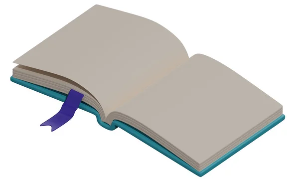 Mockup Ανοιχτό Κενό Μπλε Βιβλίο Σελιδοδείκτη Απομονώνονται Λευκό Φόντο Απόδοση — Φωτογραφία Αρχείου