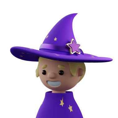 Beyaz arka planda, yıldız gülüşlü, şapkalı genç büyücü. 3d oluşturma