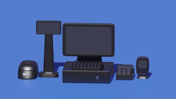 青色の背景にレジPos機器のセット 最小限の現代的な動きのデザイン アブストラクトアニメーション — ストック動画
