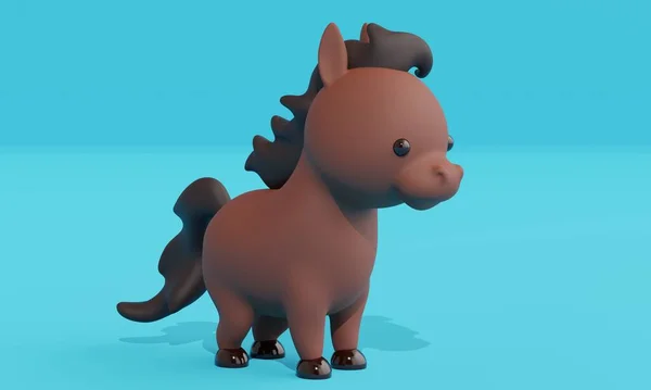 Niedliches Kleines Braunes Pferd Mit Mähne Auf Blauem Hintergrund Darstellung — Stockfoto