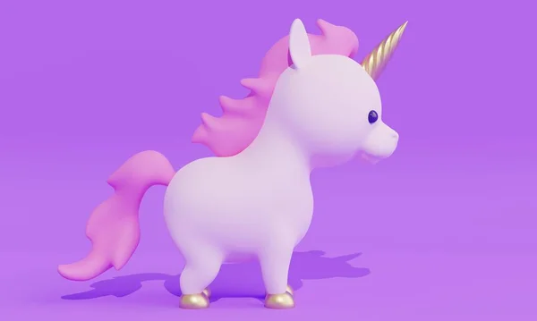 可爱的小独角兽 粉红的鬃毛 背景是紫丁香 3D渲染 — 图库照片
