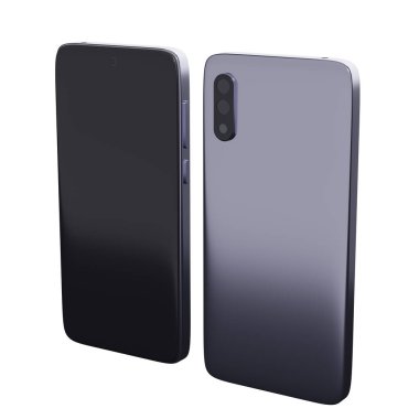 Metal cep telefonu ön ve arka perspektif görüntüsü beyaz arkaplanda izole edildi. 3d oluşturma