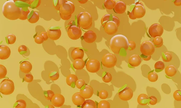 Sinaasappels Met Groene Bladeren Vallen Een Gele Achtergrond Destructie — Stockfoto