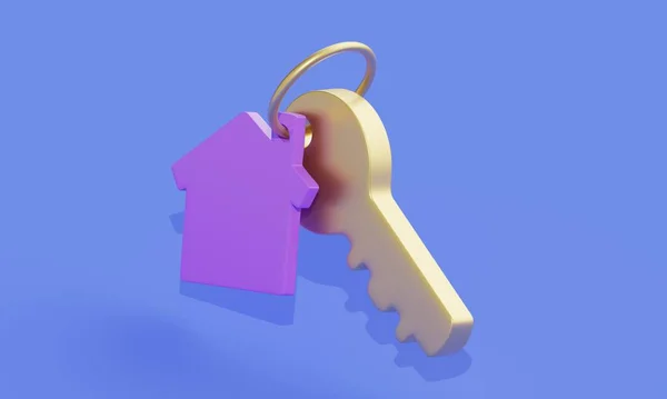 Klíč Šeříkovým Klíčenky Dům Modrém Pozadí Koncept Nemovitostí Vykreslování — Stock fotografie