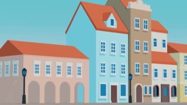 Eski evleri olan Polonya şehir sokağı. Minimum modern hareket tasarımı. Soyut canlandırma