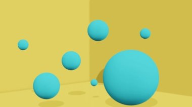 Soyut arka plan mavi toplar, sarı bir odanın köşesinde gölgeler yükseliyor. Minimum modern hareket tasarımı. Soyut canlandırma