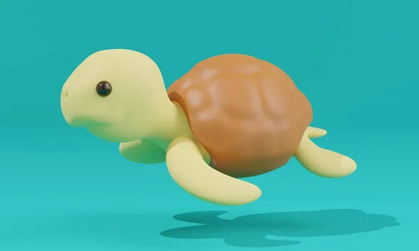 蓝色背景上可爱的小海龟 3D渲染 — 图库照片