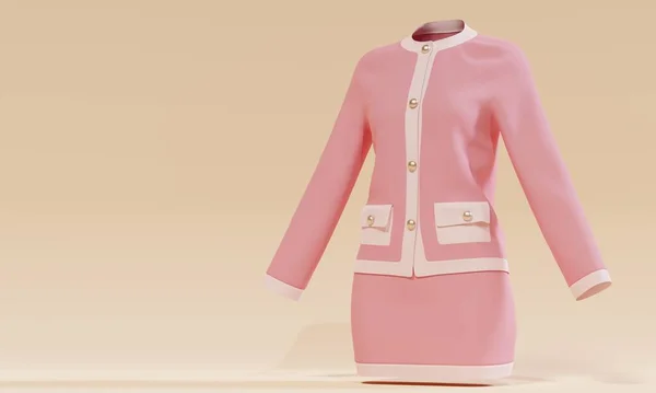 Pink suit skirt and jacket with buttons and pockets on a beige background. Beauty and fashion concept. 3d rendering