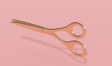 Pembe arka planda gölgeli altın makas. 3d oluşturma
