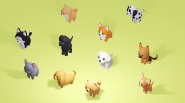 Farklı cinsten şirin köpekler yeşil çimlerde. Minimum modern kusursuz hareket tasarımı. Soyut döngü canlandırması