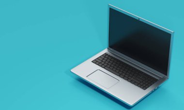 Metal, gölgeli mavi bir arka planda dizüstü bilgisayarı kapattı. 3d oluşturma 