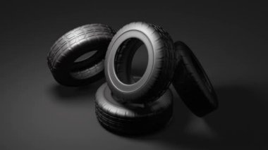 Koyu bir arka planda yeni araba lastikleri. Minimum modern hareket tasarımı. Soyut canlandırma