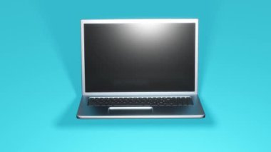 Metal mavi arka planda dizüstü bilgisayarı kapattı. Minimum modern kusursuz hareket tasarımı. Soyut döngü canlandırması