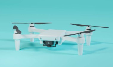 Açık mavi arka planda siyah pervaneli beyaz bir kuadkopter drone. 3d oluşturma 