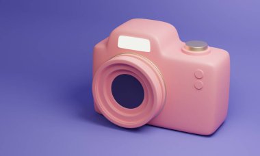 Mor arka planda minimalist tasarımı olan pembe ve altın renkli oyuncak kamera. 3d oluşturma 