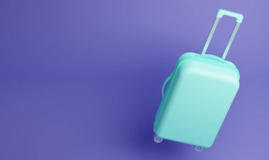 Turkuaz modern bavul, sapı ve mor arka planda tekerlekleri var. 3d oluşturma 