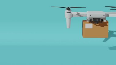Kutu teslimatı yapan beyaz dron. Minimum modern hareket tasarımı. Soyut canlandırma