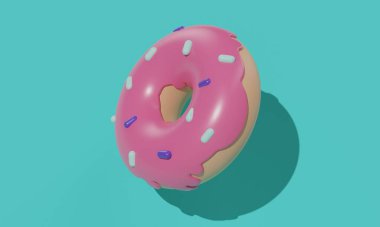 Turkuaz arka planda gölgeli pembe renkli çörekler serpiştirilmiş. 3d oluşturma 