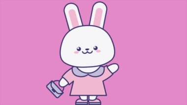 Pembe elbiseli şirin moda tavşan. Minimum modern kusursuz hareket tasarımı. Soyut döngü canlandırması