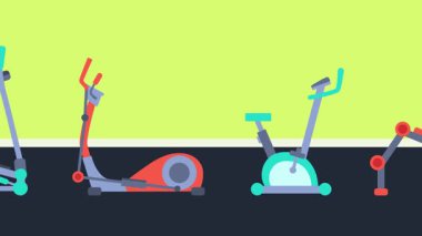 Spor salonunun içi ekipmanlarla dolu. Minimum modern hareket tasarımı. Canlandırma 2D