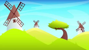 Yaz manzarası yel değirmeni. Minimum modern kusursuz hareket tasarımı. Canlandırma 2D