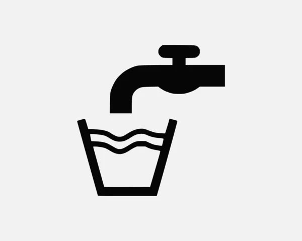 Ivás Tap Water Faucet Fill Cup Vödör Fekete Fehér Sziluett — Stock Vector