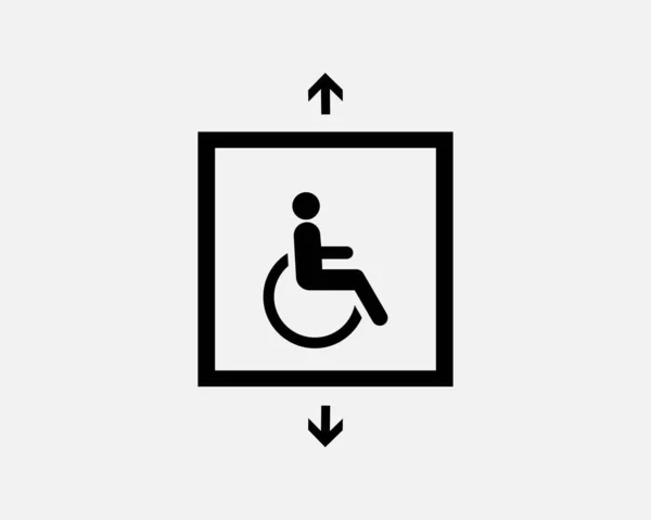 Inaktivera Hiss Handikapp Lyft Rullstol Tillgång Skylt Svart Vit Siluett — Stock vektor