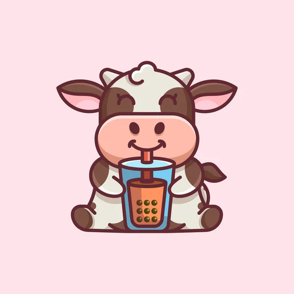 Illustrations Cow Drinking Boba Suitable Logo Mascots Stickers Shirts Related — Stock Vector