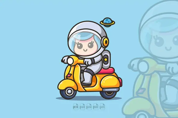 Yıldızlı bir çizgi film evreninde scooterla gezen bir kadın astronotun hoş, geçmişe dönük bir çizimi..