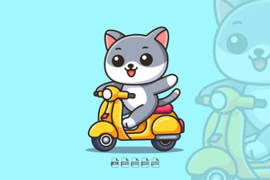 Sevimli, kawaii tarzı, neşeli bir kedinin klasik bir scooter sürüşü, retro cazibesini çizgi film eğlencesi ile harmanlaması..