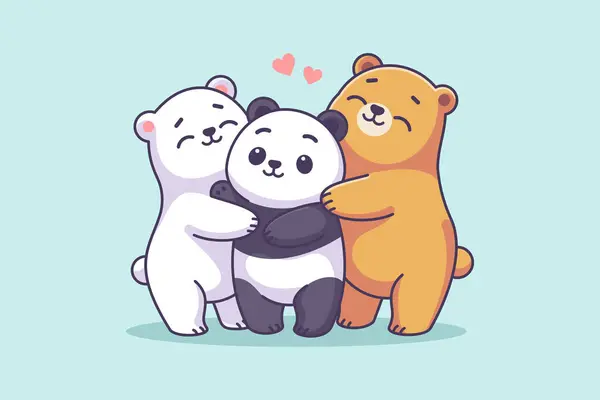 Güzel bir kutup ayısı, panda ve ayı birbirlerine sımsıkı sarılıyorlar. 