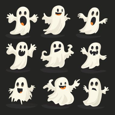 Çizgi film tarzında hayalet cadılar bayramı karakterleri koleksiyonu