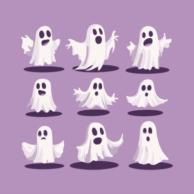 Çizgi film tarzında hayalet cadılar bayramı karakterleri koleksiyonu