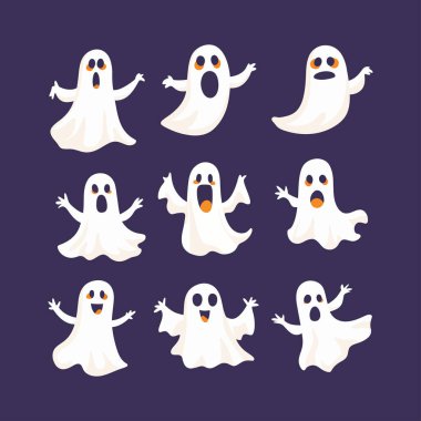 Çizgi film tarzında hayalet cadılar bayramı karakterleri koleksiyonu