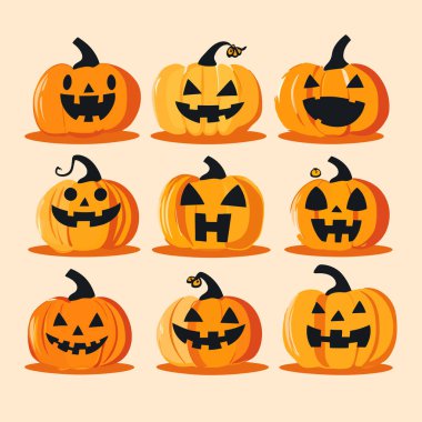 Çizgi film tarzında Jack O Lantern Balkabağı karakteri çizimleri koleksiyonu