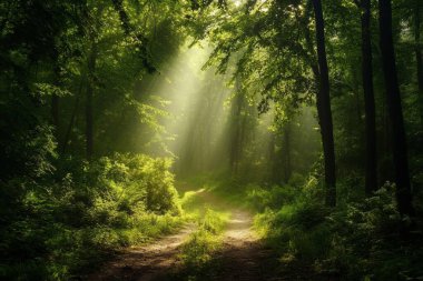 Güneş ışığı filtreli sık ormanın doğal manzarası. Yol ormanın ortasında.