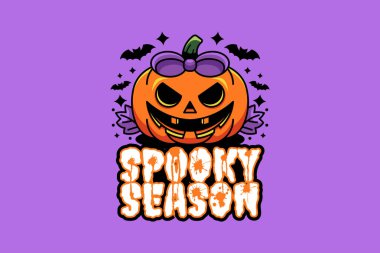 Bu illüstrasyon Cadılar Bayramı 'nın özünü sonbahar yaprakları ve esrarengiz bir arka planla çevrili ürkütücü bir sırıtışla yakalıyor. Ürkütücü sezonu kutlamak için mükemmel.!