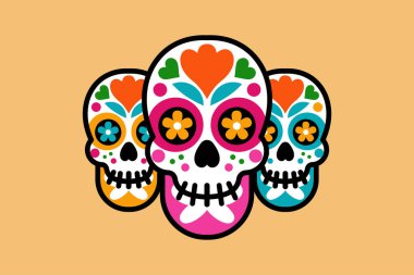 Cinco de Mayo 'dan esinlenilmiş parlak renkler, çiçek desenleri ve şenlikli dekorasyonlarla süslenmiş canlı bir kafatası çizimi. Meksika kültürünü ve mirasını neşeli bir şekilde kutlamak için mükemmel.